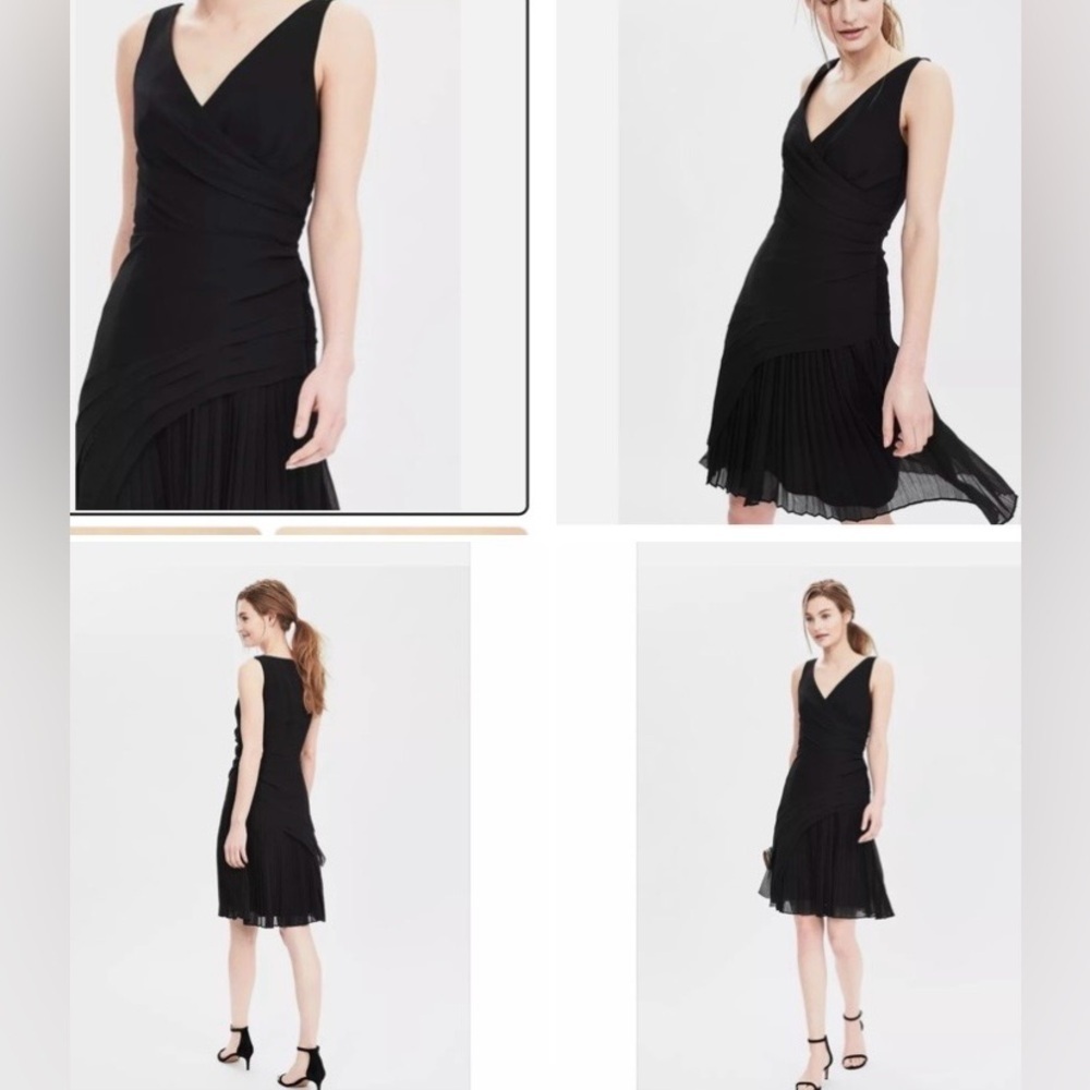 Banana Republic Y2K Silky Black V-neck Sleeveless Retro Pleated Vee Dress Size 6